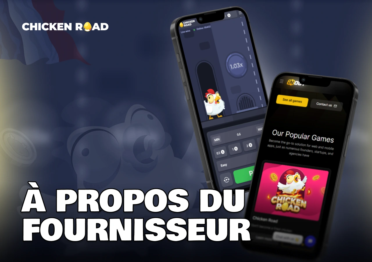 Application mobile affichant Chicken Road et page InOut Games avec texte sur le fournisseur